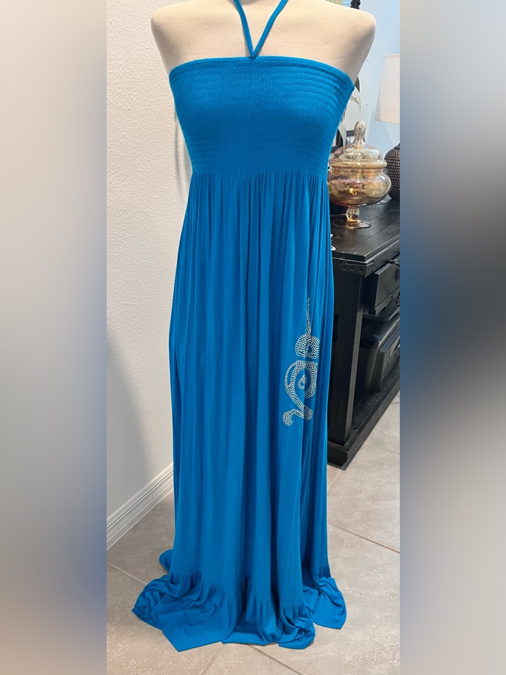 Cristinalove Turquoise Blue Maxi Skirt with Rhinestone Swirl
